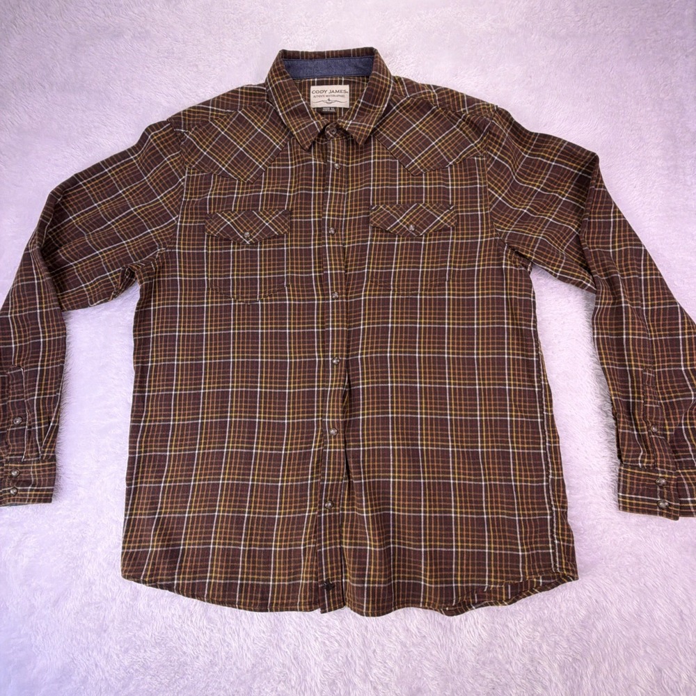 Cody James Mens XL Brown Plaid Flannel Long Sleeve Shirt Pearl‎ Snap Button-Up